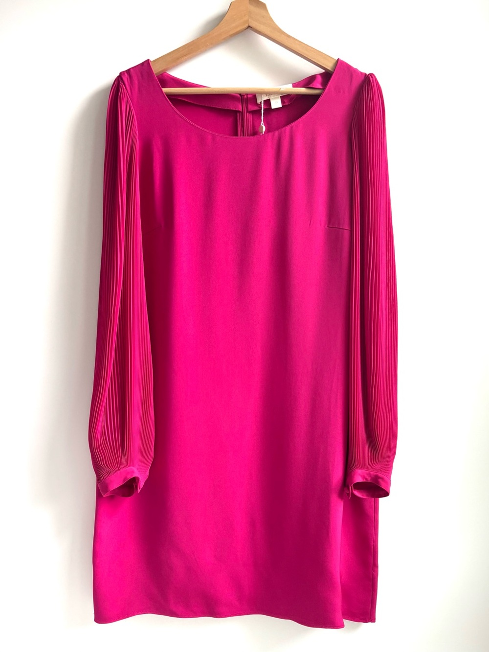 ERIN Erin Fetherston Silk Long Sleeve Shift Mini Dress Pleated Sleeves Fuchsia